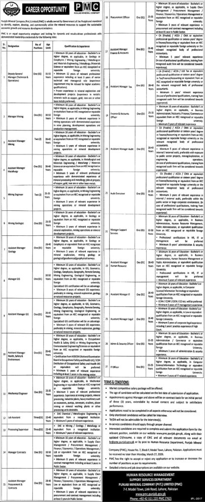 Punjab Mineral Company Lahore Jobs 2026 – Apply Now