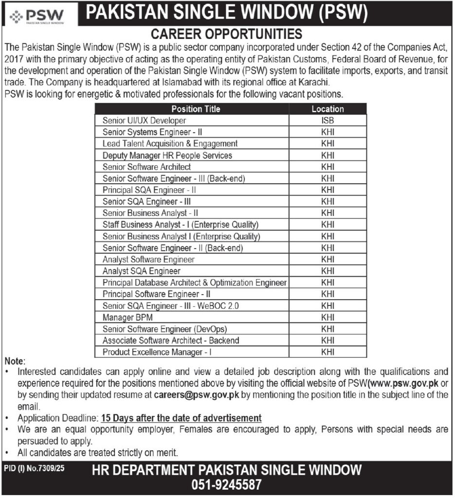 Pakistan Single Window PSW Islamabad Jobs Notice 2026 – Apply Now