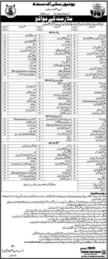 University Of Sindh Jobs 2026 For Professor & Lecturers