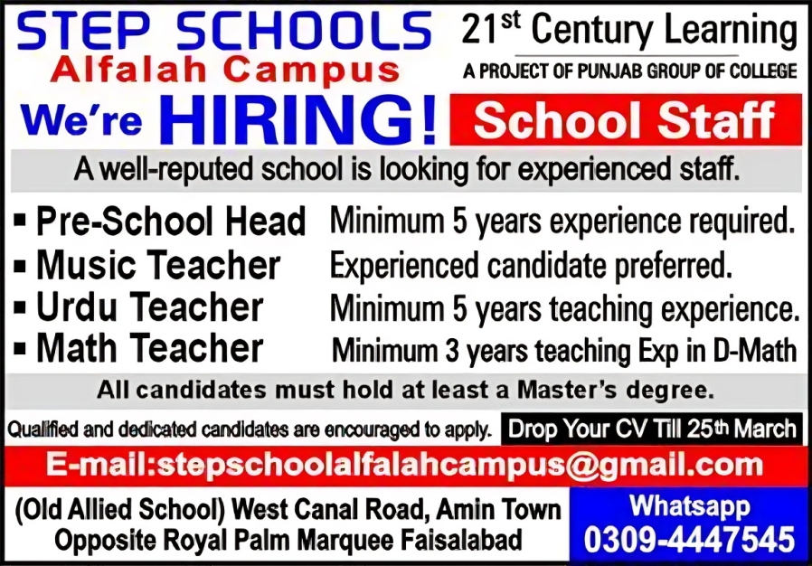 School Teacher Jobs Faisalabad – STEP Schools Alfalah Campus Hiring