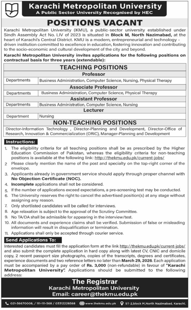 Karachi Metropolitan University Jobs 2026 – Teaching & Non-Teaching Positions