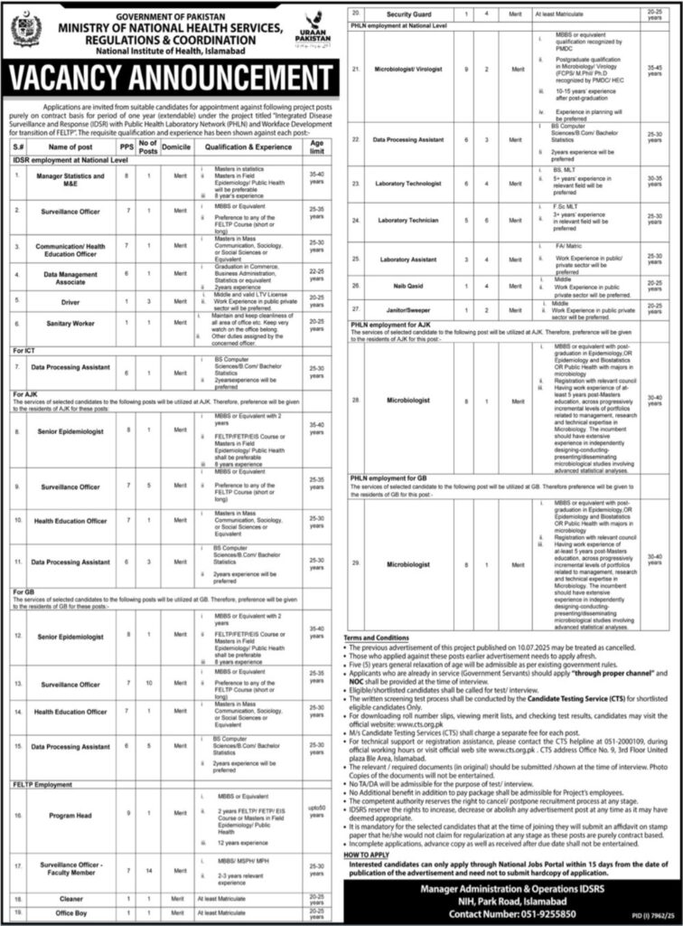 Latest NIH Jobs 2026 Islamabad – Apply Now
