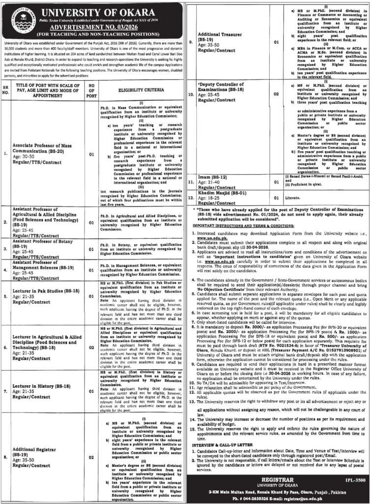 University of Okara UO Posts 2026 – Apply Now