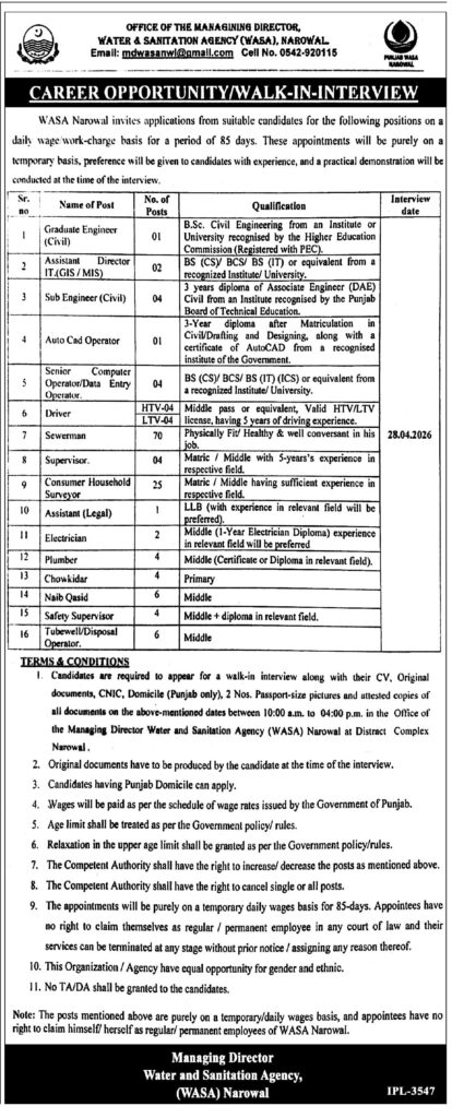WASA Narowal Jobs 2026 – Latest Management Posts Apply