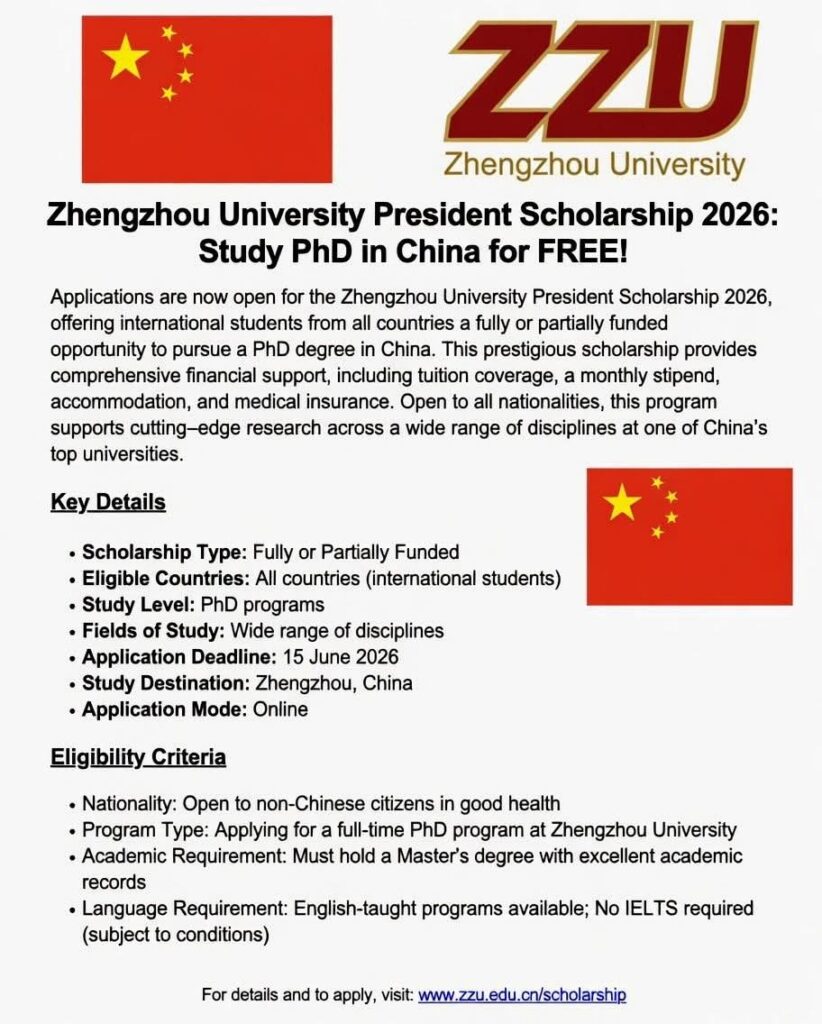 Scholarship 2026 Zhengzhou University President Study in China for Free