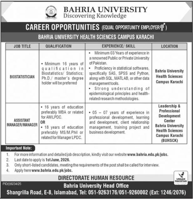 Jobs in Karachi 2026 at Bahria University Health Sciences Campus