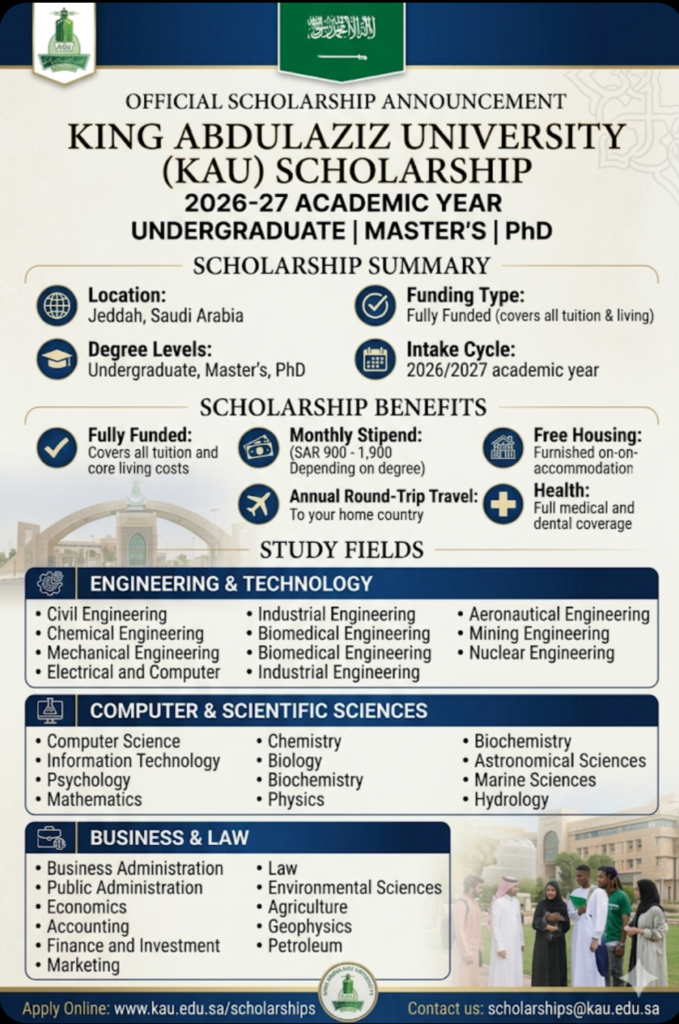 Study in Saudi Arabia 2026 King Abdulaziz University scholarship fully funded