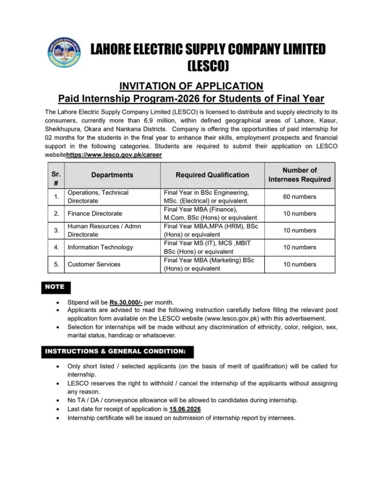 LESCO Paid Internship Program 2026 | Apply Now