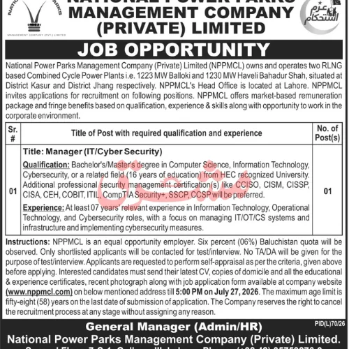 Private Job in Lahore Today at NPPMCL for Manager IT Cyber Security Jobs 2026
